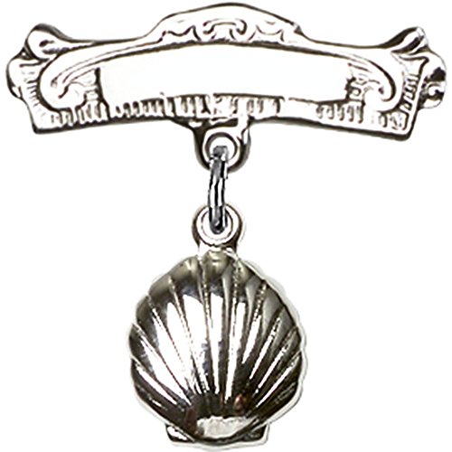 Sterling Silver Baby Badge with Shell Charm and Arched Polished Badge Pin 7/8 X 7/8 inches