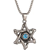 Men's and Women's Solomon Seal Hollow Hexagram Star David Star Pendant Necklace,Eye Of Providence(All-Seeing Eye,Helix Nebula)Pendant Necklace With Blue Resin Beads,316L Stainless Steel, Silver Stainless Steel Square Pearl Chain, Vintage Amulet Jewelry Gift