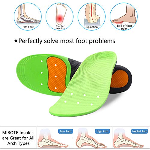 Shoe Insoles, MIBOTE 2 Pairs Arch Support Orthotic Shoes Insert Insoles Sports Gel Plantar Professional Fasciitis Insoles for Men/Women - Relieve Foot Pain (Green,M)