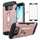 Samsung Galaxy S7 Edge Wallet Phone Case with Friendly Curved Tempered Glass Screen Protector Credit Card Holder Kickstand Full Body Protective Cover for S 7edge GS7 7s 7 S7edge Women Pink Rose Gold