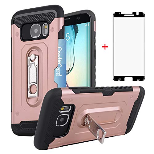 Samsung Galaxy S7 Edge Wallet Phone Case with Friendly Curved Tempered Glass Screen Protector Credit Card Holder Kickstand Full Body Protective Cover for S 7edge GS7 7s 7 S7edge Women Pink Rose Gold