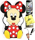 Bukit Cell ® 3D Disney Case Bundle - 5 items: RED 3D Cute Minnie Mouse Silicone Case Cover for IPHONE SE 5S 5 5G + BUKIT CELL TrademarkCloth + Minnie Figure Stylus Touch Pen + Screen Protector + METALLIC Stylus Touch Pen