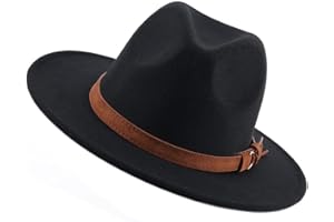 ericotry 1Pack Vintage Wide Brim Felt Fedora Hat with Belt Buckle Belt Jazz Hat for Men and Women Black