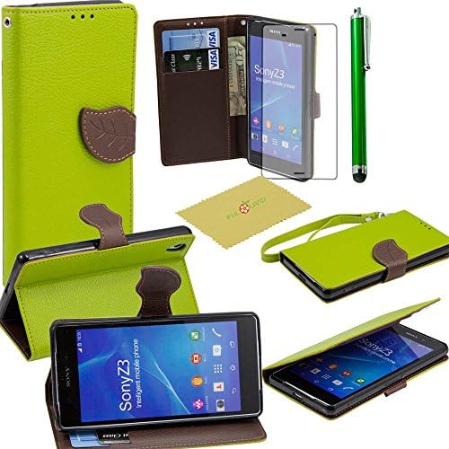 Sony Xperia Z3 Case, Fulland Wallet Card Holder PU Leather Pouch Flip Leaf Style Case Cover with Stand for Sony Xperia Z3 Plus Stylus Pen and Screen Protector -Green