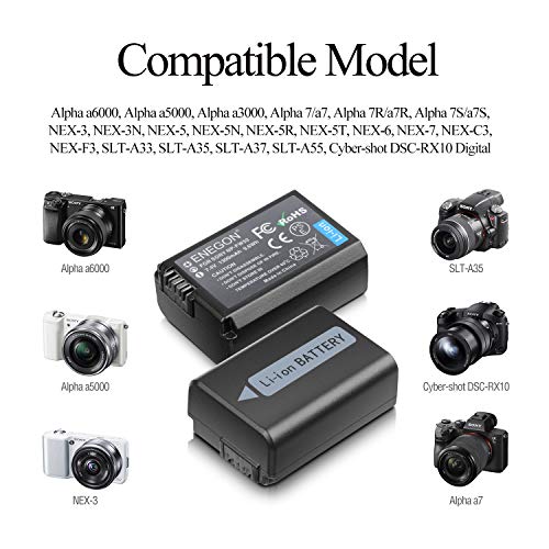 NP-FW50 ENEGON Camera Battery (2-Pack,1300mAh) and Rapid Dual Charger for Sony A6000, A6500, A6300, A7, A7II, A7RII, A7SII, A7S, A7S2, A7R, A7R2, A55, A5100, RX10 Accessories. - Thumbnail 2