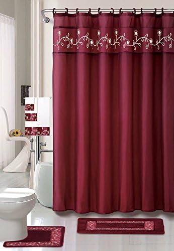 Effiliv 18-piece Bathroom Set: 2-rugs/mats, 1-fabric Shower Curtain, 12-fabric Covered Rings, 3-pc. Decorative Towel Set, Burgundy