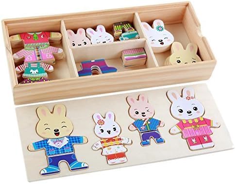CCINEE 72 Pieces Wooden Rabbit Puzzle Play Toys Wooden Rabbit Family Dress Up Puzzle Games for Grils