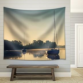 Little Sailing Boats Reflect in The Serene Water During Sunrise. - Fabric Wall Tapestry Home Decor - 51x60 inches