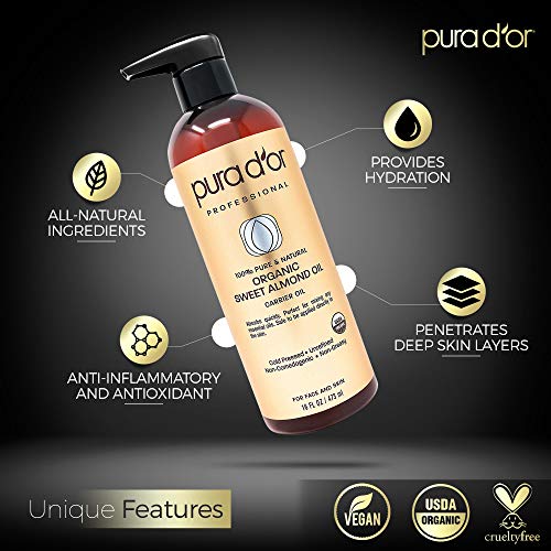 image for PURA D'OR Carrier Oil: Organic Sweet Almond Oil 16 oz USDA Certified O