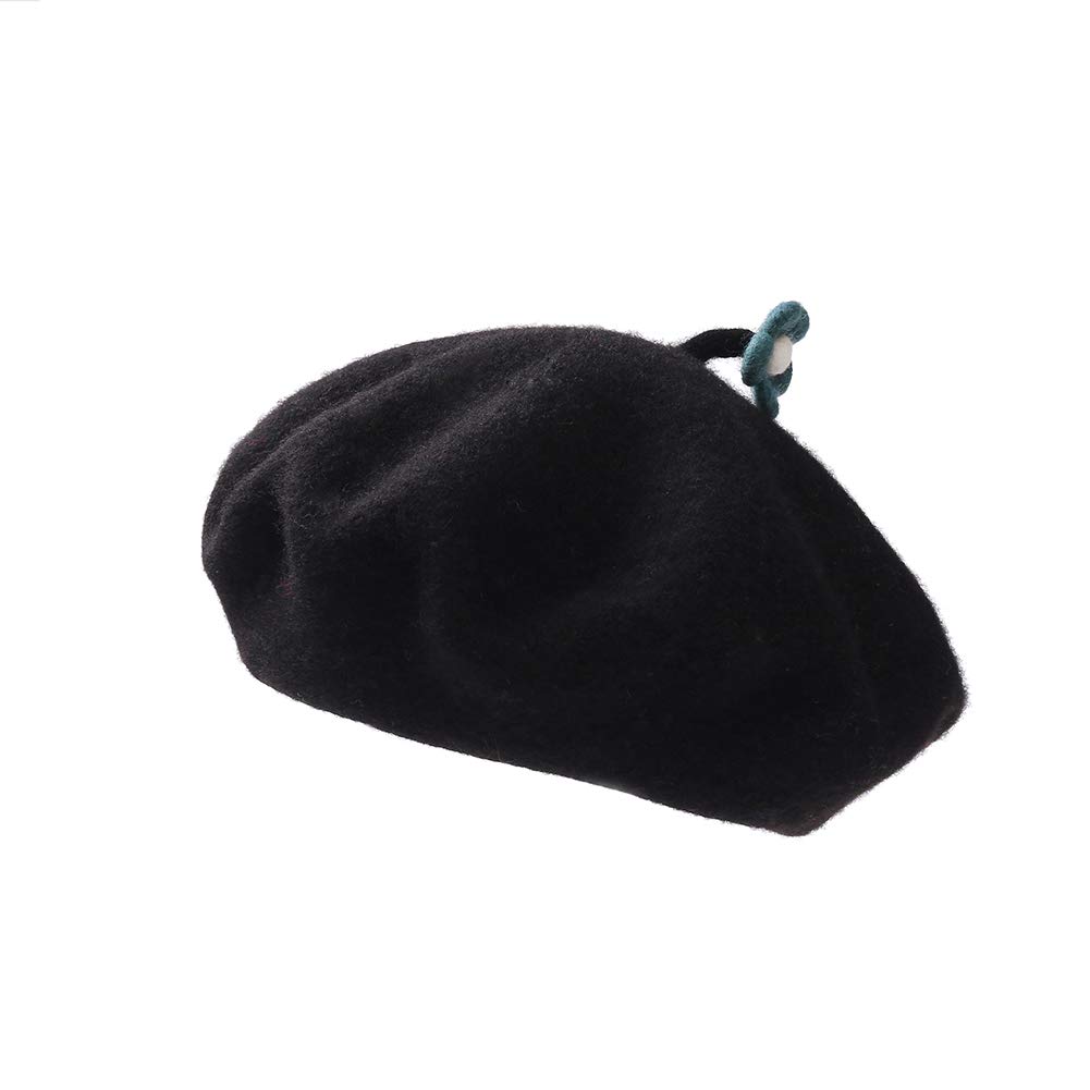 Zasy Solid Color Beret Hat Classic Wool Felt Flower Cap Casual French Beanie (Black)