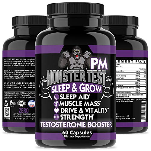 Angry Supplements Monster Test PM Testosterone Booster Plus Sleep Aid, Boost T-Levels w. All Natural Pill Powerful & Potent Ingredient, Boost Energy in Gym + Bedroom Performance (2-Bottles)