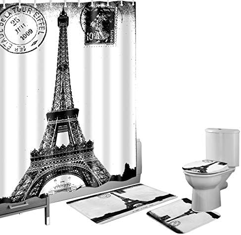 Amagical Frech Paris Eiffel Tower City of Love 16 Piece Bathroom Mat Set Shower Curtain Set Black and White Bath Mat Contour Mat Toilet Cover Waterproof Shower Curtian 12 Hooks