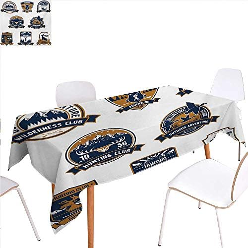 familytaste Hunting Washable Tablecloth Shield Icons Set Hunting Sports Club Emblems and Labels with Animals Waterproof Tablecloths 60"x84" Dark Blue White Brown