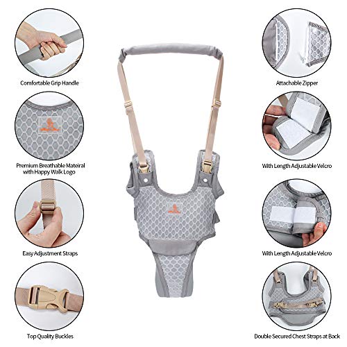 Happy Walk Baby Walking Harness Cotton 2 in 1 Removable Toddler Walk Learning Assistant Belt Protective Breathable Adjustable Safety Leash for 9-17months, Gray - Thumbnail 4