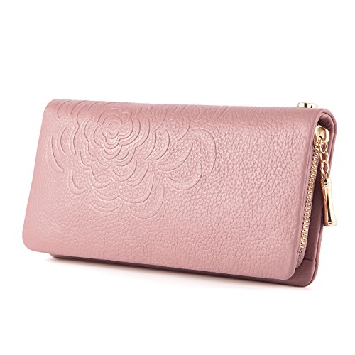 Kattee Soft Cowhide Leather Wallet Ladies Flower-embossed Clutch (Pink)