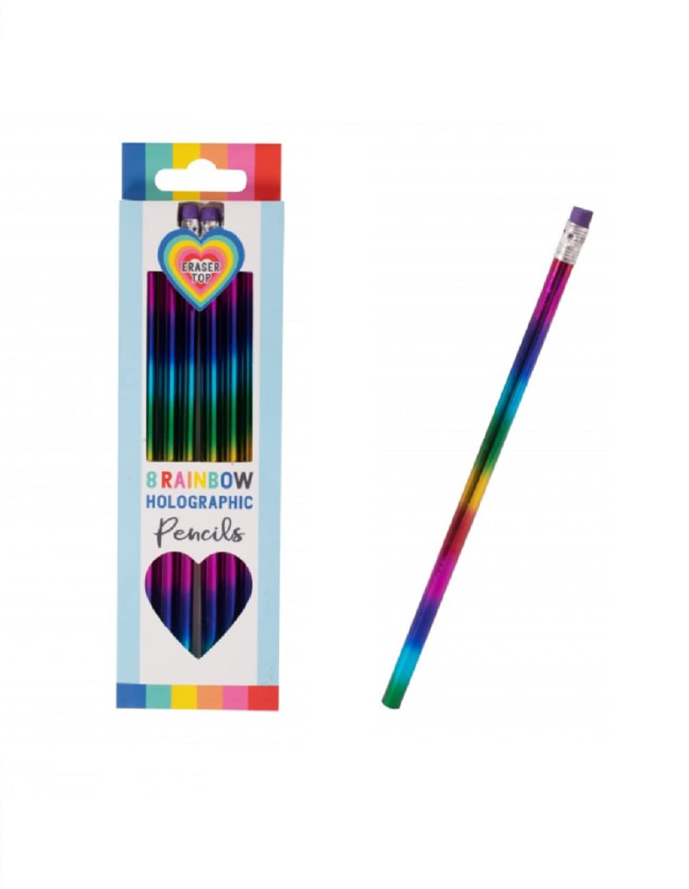 Pack of 8 - Kids Stationery Holographic Rainbow Pencils With Eraser Top