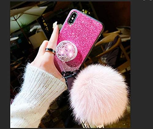 Premium Girly Phone Case Compatible with iPhone Pom Pom Glitter Sparkle Bling Bling Pop Up Grid Stand Phone Holder with Strap Heavy Duty Hybrid Protective Cover Case for iPhone 7/8 Plus X XR Xs Max