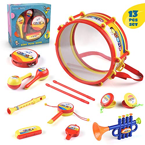 BRITENWAY Toddler Music Drum Toys, Kids Percussion Musical Instruments for Boys and Girls, Educational Music Toy Set with Drums, Percussion, Tambourine, Trumpet, Maraca, Harmonica, Flute and More