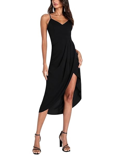 SPRIME WOMEN’S COCKTAIL WRAP DRESS SLEEVELESS V NECK FORMAL MIDI DRESSES IRREGULAR TULIP HEM SUMMER SEXY DRESS FOR WOMEN BLACK