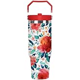 30 Oz Floral Stainless Steel Insulated Top Tumbler with Handle and Straw Lid Leak Proof, Coffee Travel Iced Cup Mug for Women, Mothers Day Birthday Christmas Gifts for Women Mom Girl Friend Wife