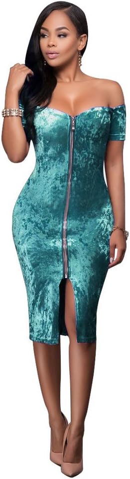 TOOTO Women's Velvet Soft Off Shoulder Stretchy Bodycon Party Club Mini Sexy Midi Dress
