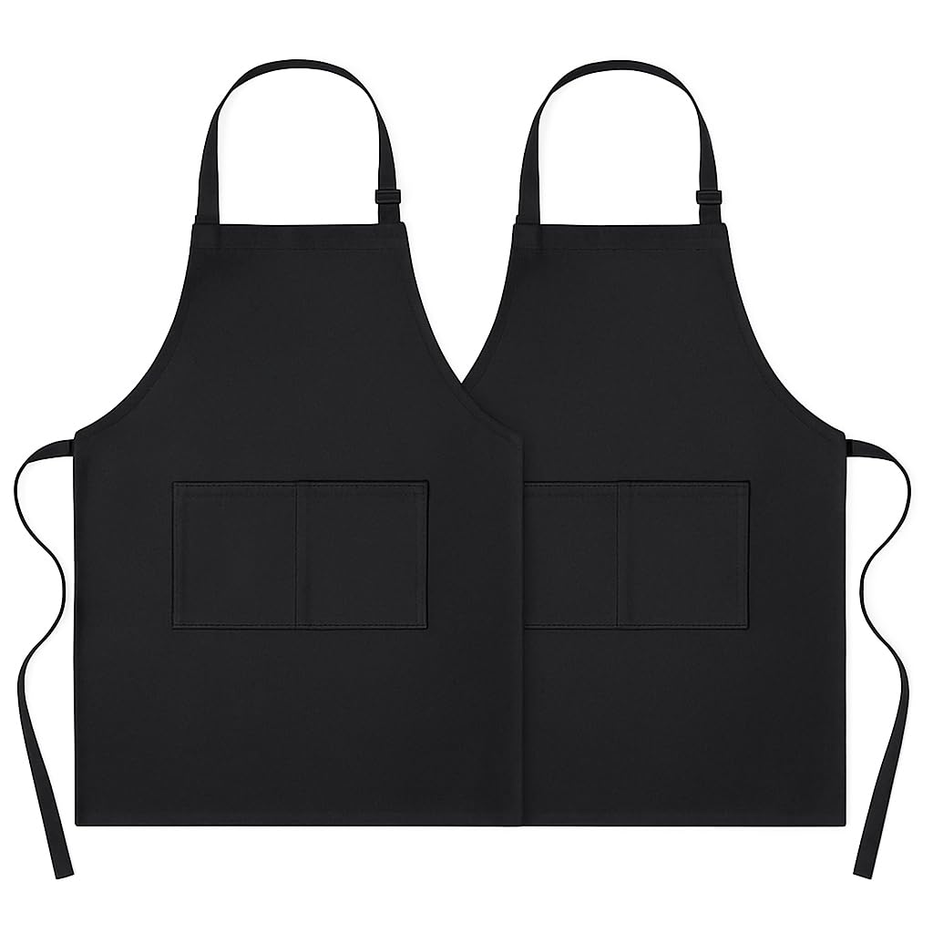 4sold Black Chef Aprons – 100% Heavy Duty Cotton 240g/m², Durable & Naturally Fire Resistant – Adjustable Kitchen Cooking Bib Aprons with 2 Pockets for Men, Women, Butchers, BBQ, Bakers (2 Pack)