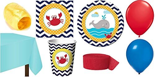 Ahoy Matey Party Supplies for 16 - Table Cover, Cups, Napkins, Plates, Curling Ribbon, Streamer, &amp; Balloons - This Bundle Has 61 Pieces