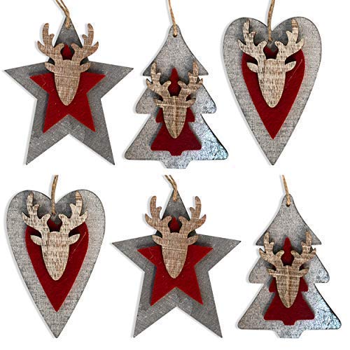by Robelli Shabby Chic Wooden Christmas Tree Hanging Pendant Baubles Decorations (6 x Red/Grey 3D Decorations)