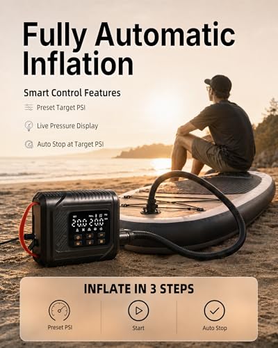 12V DC Paddle Board Pump, Electric Portable SUP Air Pump with Car Cigarette Lighter, Preset Pressure & Auto-Off, Dual-Stage Fast Inflate/Deflate, 20 PSI Max, 7 Nozzles for Paddleboards, Kayaks, Boats | 12V vehicle-powered SUP pump with dual-stage inflation, preset pressure and auto shut-off up to 20 PSI.