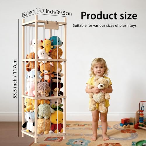 Stuffed Animal Organizer with Elastic Band, Zoo Plush Toy Storage Holder for Nursery, Toddler Room, Playroom, Bedroom, Wooden 40 * 40 * 136Cm
