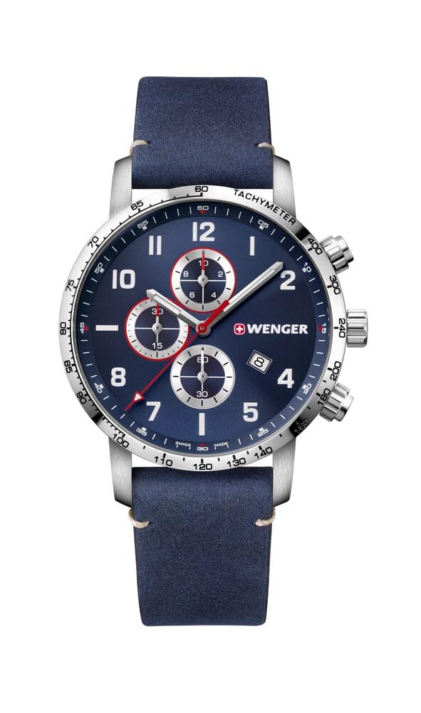 Wenger Men's Attitude Chronograph - Swiss Made Analogue Quartz Stainless Steel Blue Leather Watch 01.1543.109