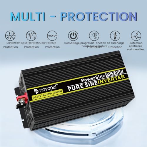 NOVOPAL 3000W Pure Sine Converter 12V 220V 230V Inverter Transformer, 2 EU AC Sockets, 1USB, 5M Remote Control, Suitable for Trucks, Camping, Travel, Cars, Peak Power 6000W