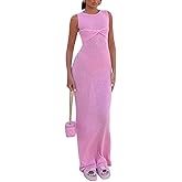 Women's Mesh Knitted Twist Knot Sleeveless Bodycon Dress Sexy See Through Crochet Maxi Long Dress Beach Bikini Cover Ups