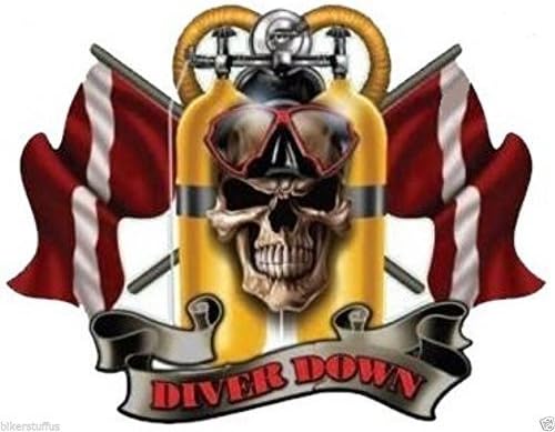 Diver Down Scuba Dive Skull Sticker Decal Bumper Sticker Decal Helmet Sticker Decal Vinyl - Made in USA 3 in. x 3.5 in.