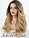 Blonde Ombre Synthetic Wig Front None Lace Medium Wavy Ombre Blonde Wig 27# Scheherezade L Part Glueless Honey Blonde Wig with Dark Roots for Women Full Machine Made Heat Resistant