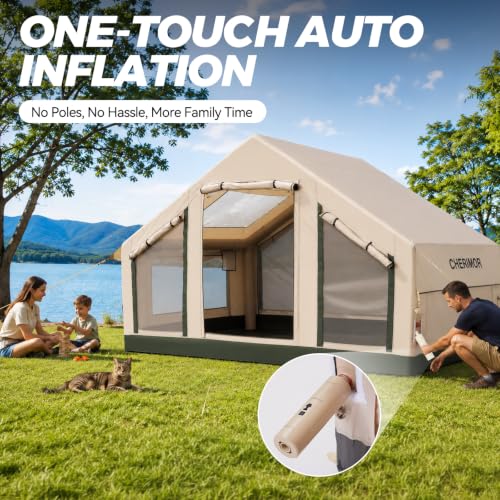 CHERIMOR Inflatable Tent with Skylight, Auto Inflation Pump, 4-6 Person, 445 FT³ Interior, Double-Layer Waterproof Oxford, Hot Tent with Stove Jack, Quick Setup Blow Up Tent for Camping & Hiking
