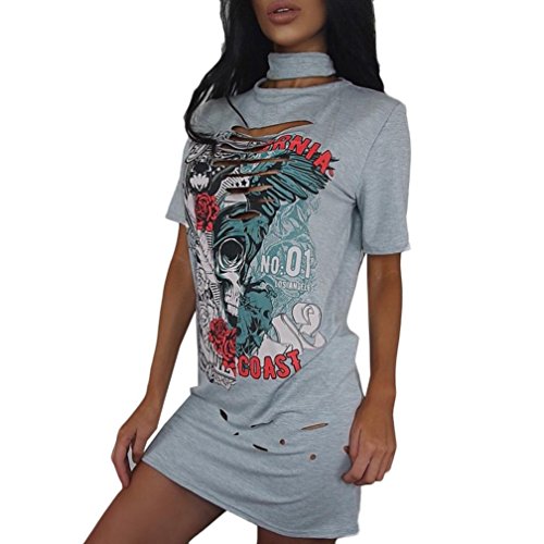 XILALU Women Vintage Rock Style sexy V-neck Long T-Shirt Mini Dress for Party (XL, Gray 3)