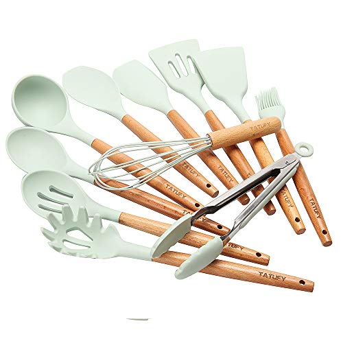 Kitchen Utensil Set 11 Piece Cooking Utensils,Tatufy Silicone and Natural Wooden Utensils for Nonstick Cookware Non Toxic Turner Tongs Spatula Spoon Set Best Chef Kitchen Tool Set Blue