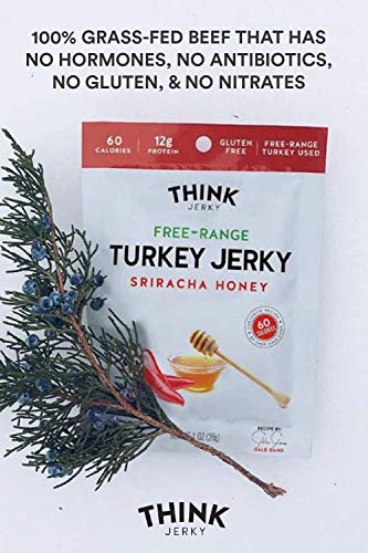 Sriracha Honey Turkey Jerky by Think Jerky - Delicious Chef Crafted Jerky - Free-Range Turkey With No Gluten or Antibiotics Added - Healthy Protein Snack Low in Calories and Fat - 2.2 Ounce (4 Pack)