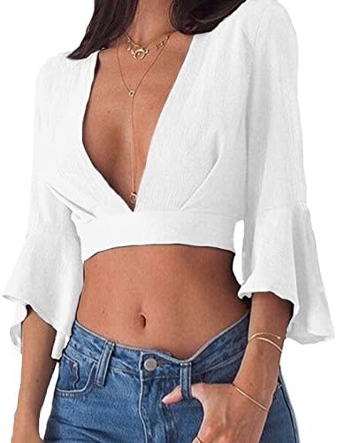 PRETTODAY Women's Deep V Neck Crop Tops 3/4 Bell Sleeve Sexy Solid Tee Shirts