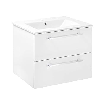 VBChome: Das Silesia Set 60 cm. Waschtischunterschrank, Badmöbel in weiß, Hochglanz Oberfläche, 2 Schubladen, Badezimmermöbel