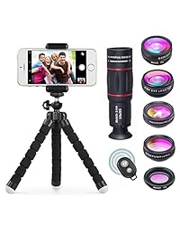 Apexel 8 en 1 lente de la cámara incluyendo 18 x teleobjetivo + lente de ojo de pez + lente Macro + gran angular + estrella Filtro + lente Caleidoscopio + trípode y soporte de teléfono + disparador para iPhone Samsung y otros Smartphone