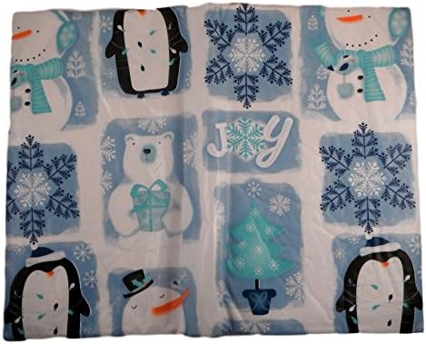 Vinyl Winter Table Cloth - Blue & White with Snowmen, Polar Bears, Penguins, and Snowflakes (52" X 52")