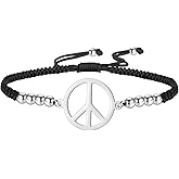 LIKGREAT Peace Adjustable Beaded Bracelet Peace Sign Symbol Pendant Handmade Braided Wax Cords Bracelet for Women