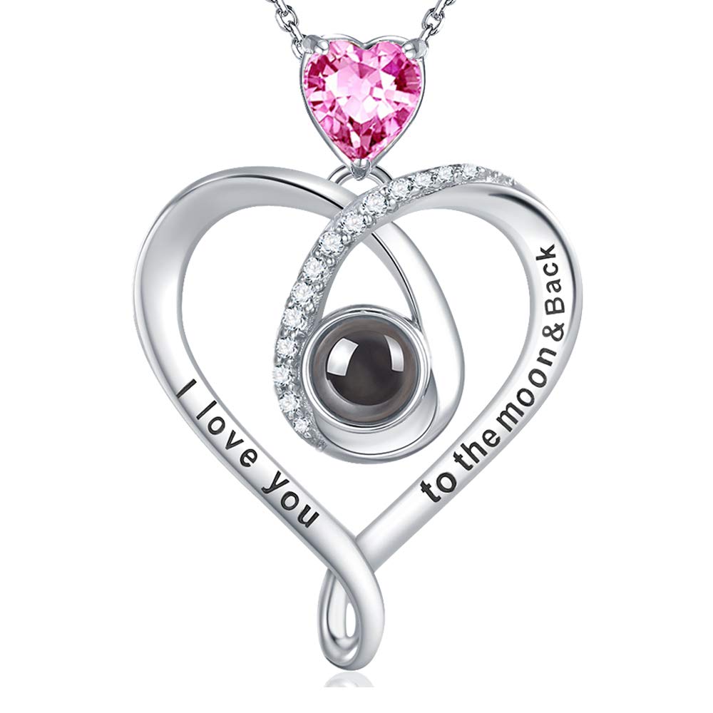 GinoMay Mothers Day Birthday Gifts Mum Wife I Love You Necklace 100 Languages Pink Tourmaline Jewellery October Birthstone 925 Sterling Silver — image 1