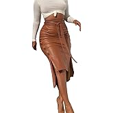 Womens High Waisted Belted Leather Pencil Skirt Side Button Split Faux Leather Work Midi Skirt Wrap