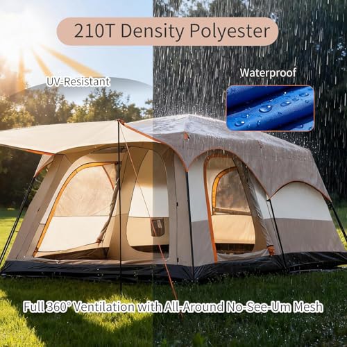 Large Family Standing Upright Camping Tent ，Multi-Room Tent with Screened Porch，Doors and Windows ，Oxford Fabric Waterproof Family Camping Tent for Outdoor,Picnic,Camping