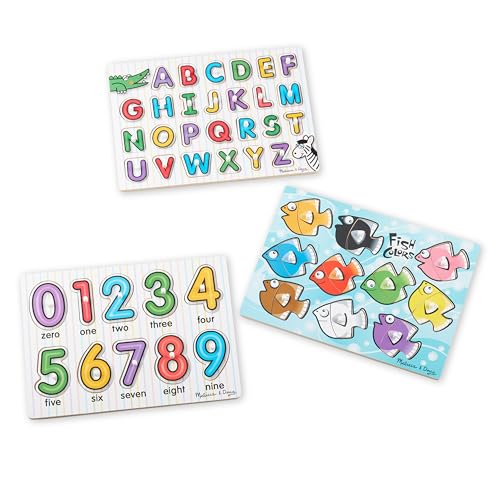 Melissa & Doug Classic Wooden Peg Puzzles (Set of 3) - Numbers, Alphabet, and Colors