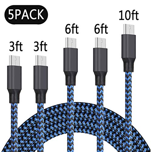 MAXBEN (5PACK 3/3/6/6/10 FT)Â Micro USB Charging Cable, BraidedÂ Fast Quick Charger Cord Compatible Kindle Fire HD,HDX 6" 7" 8.9" 9.7",Fire 7 8 10 Tablet&Kids Edition, Echo Dot, Paperwhite (Black Blue)