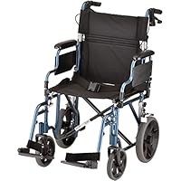 NOVA Lightweight Transport Chair with Locking Hand Brakes, 12" Rear Wheels, Removable & Flip Up Arms for Easy Transfer, Anti-Tippers Included, Blue